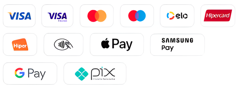 Formas de pagamento aceitas: Visa, Mastercard, Elo, Hipercard, Hiper, Pix, Apple Pay, Samsung Pay e Google Pay